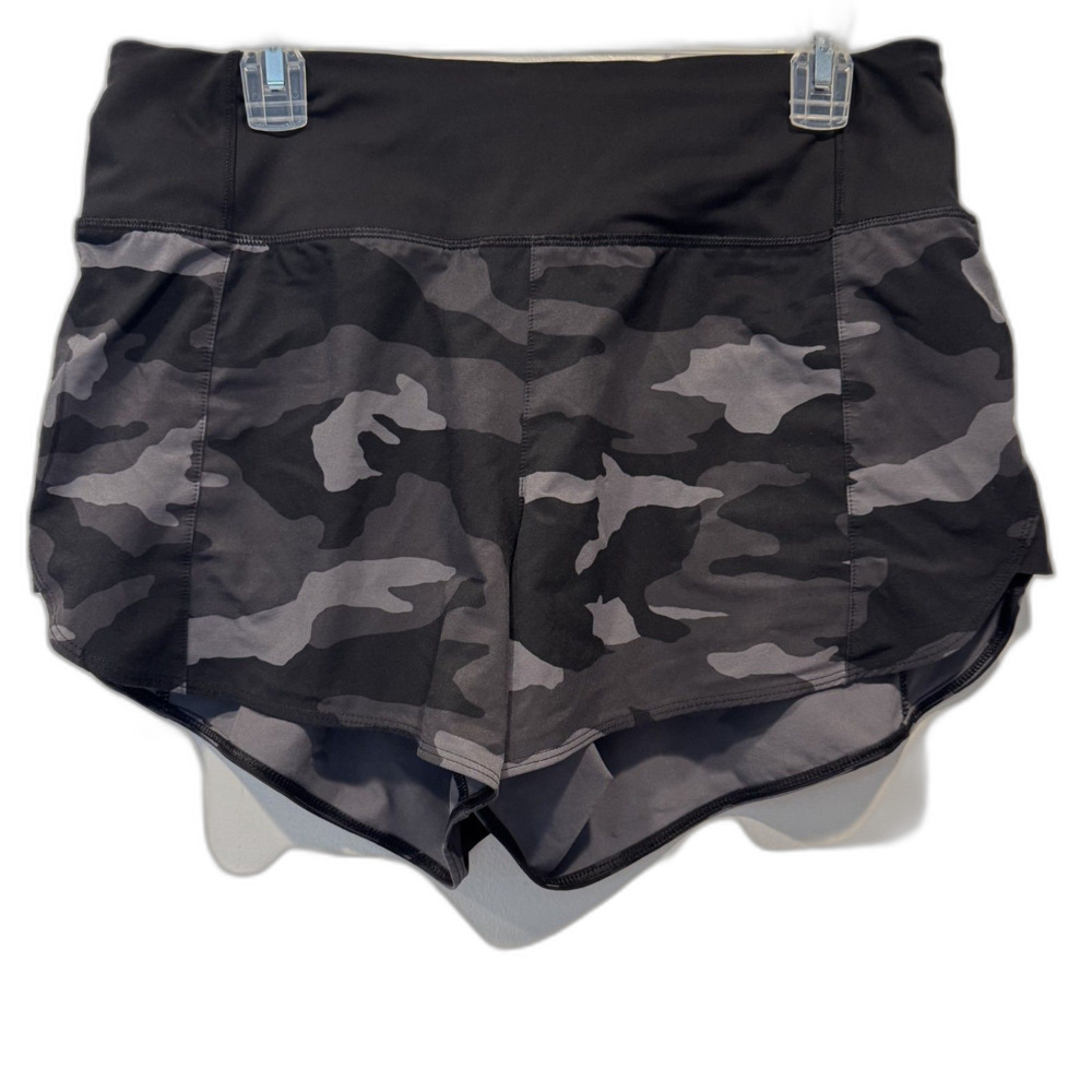 Athleta Running Shorts Camo Lined Zip Pocket Black Gray Workout Women sz Medium